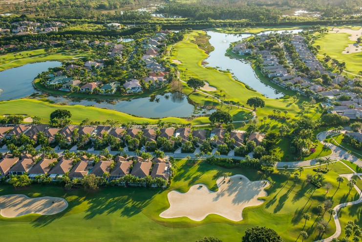aerial view of golf course community