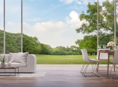 modern living and dining room with green garden view 3d render